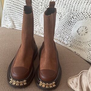 Sandro Brown Heeled Boots with Gold Accents